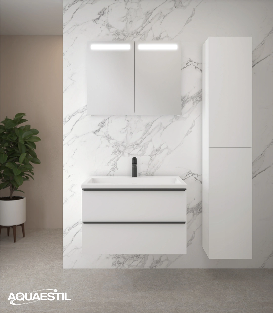 Vanity unit GRANDE 80 / shiny white / matte black handles + GRANDE Plus 80