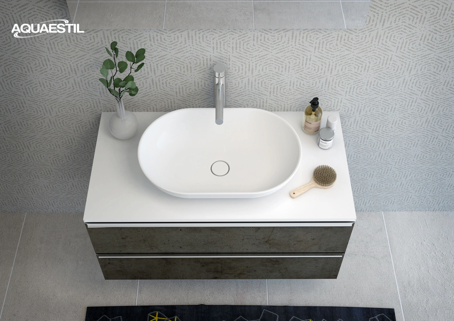 Grande TOP / chicago beton / silver ročaji + umivalnik Titan long round / bela