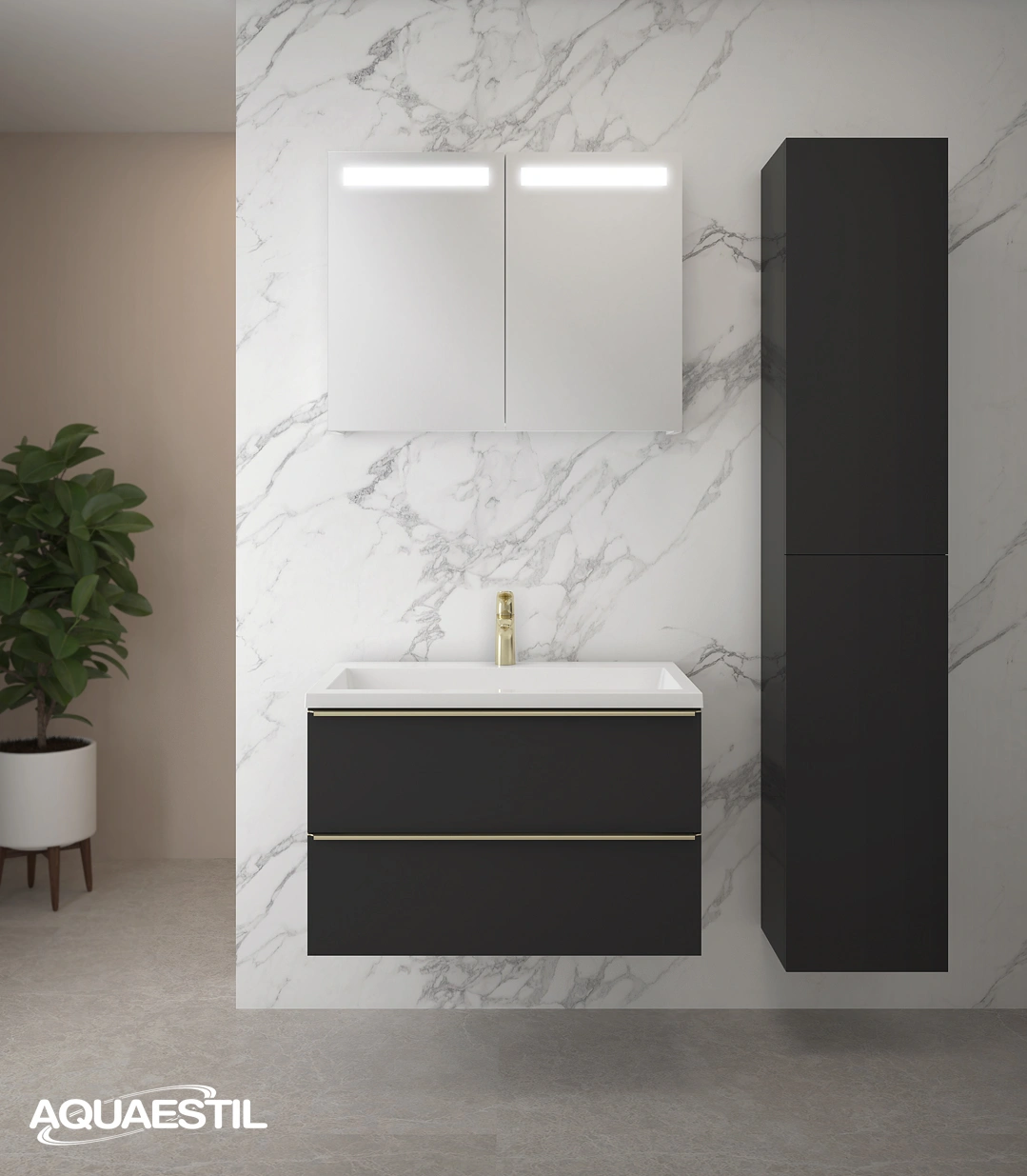 Vanity unit GRANDE 80 / matte black / golden handles + GRANDE Plus 80