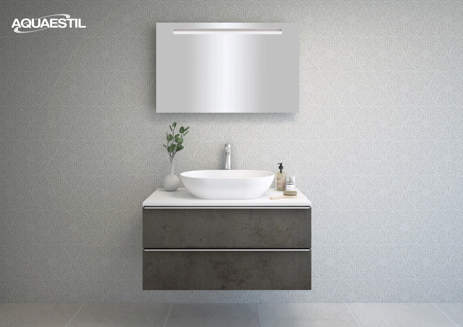 Grande TOP / chicago beton / silver ročaji + umivalnik Titan long round / bela