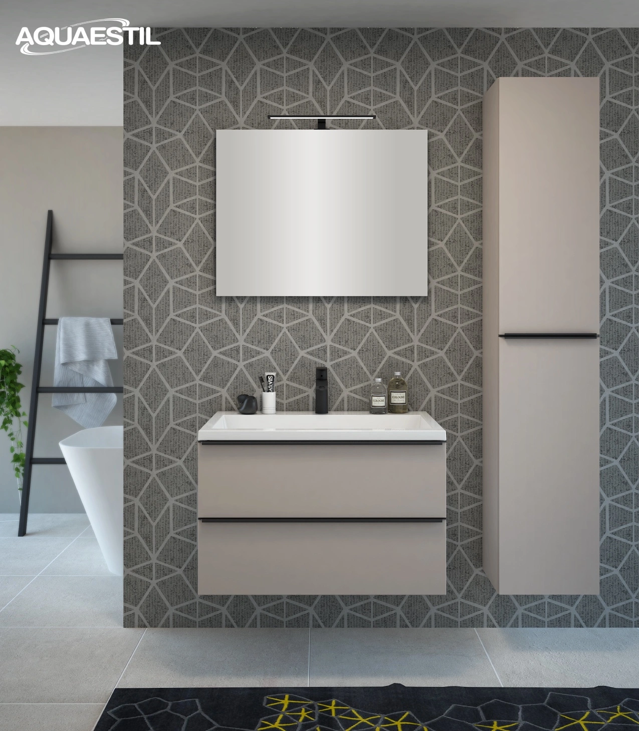 Vanity unit GRANDE 80 / grey stone / black handles