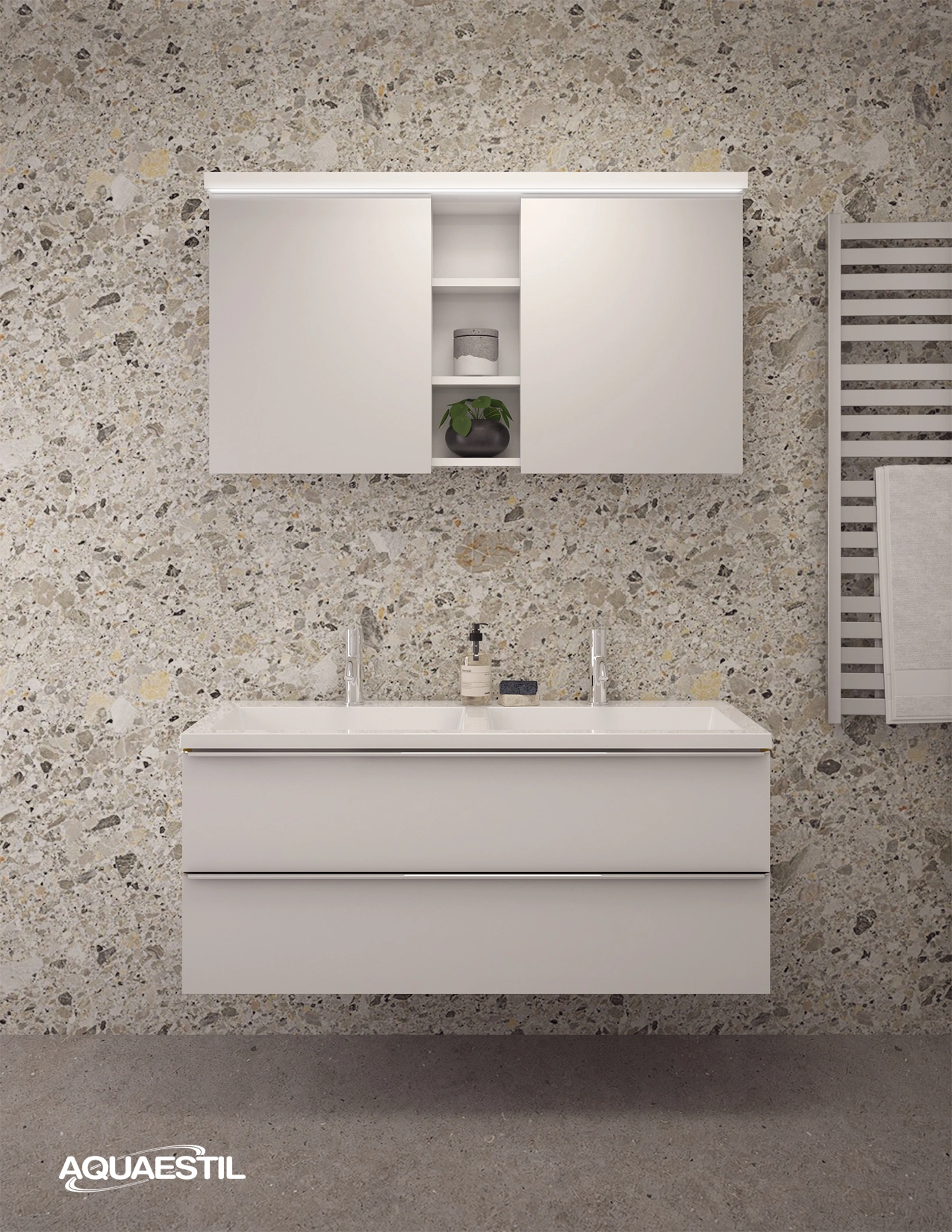 Vanity unit GRANDE 120 / shiny white / silver handles + GRANDE Plus 120