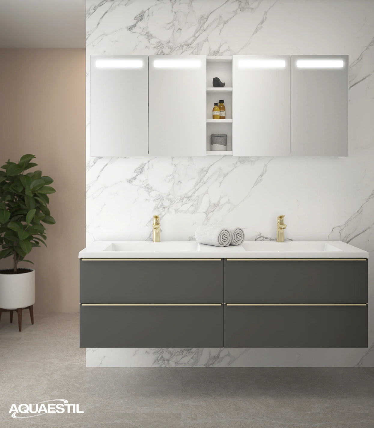 Vanity unit GRANDE 160 / diamond grey / golden handles + GRANDE Plus 160