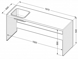 Lange Spanplatten-Arbeitsplatte mit Edelstahlspüle, links